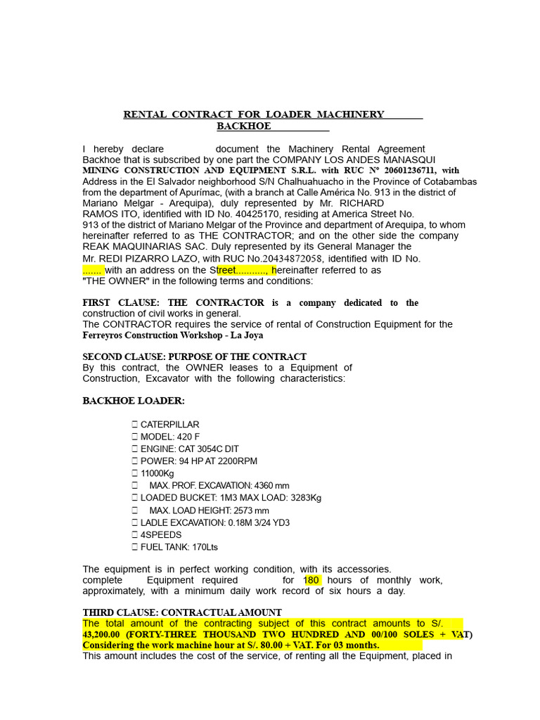 Loader Machinery Rental Contract | PDF | Private Law | Business Law