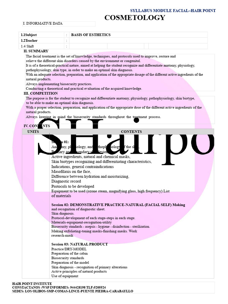 Facial Aesthetics Treatment Syllabus | PDF | Dermatology | Cosmetics