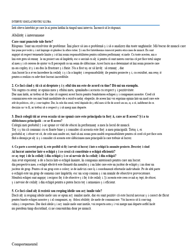 INTERVIU SIMULAT PENTRU LOCUL DE MUNCĂ (Întrebări Și Răspunsuri Exemplu ...