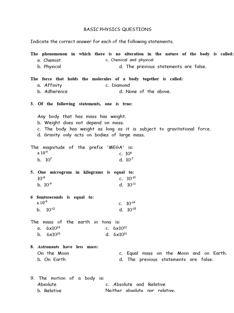 50 Basic Physics Questions Pdf Force Lever