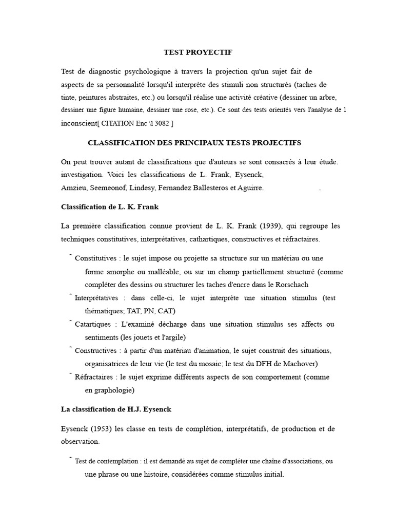 Classification des Tests Projectifs Psychologiques | PDF | Concept de ...