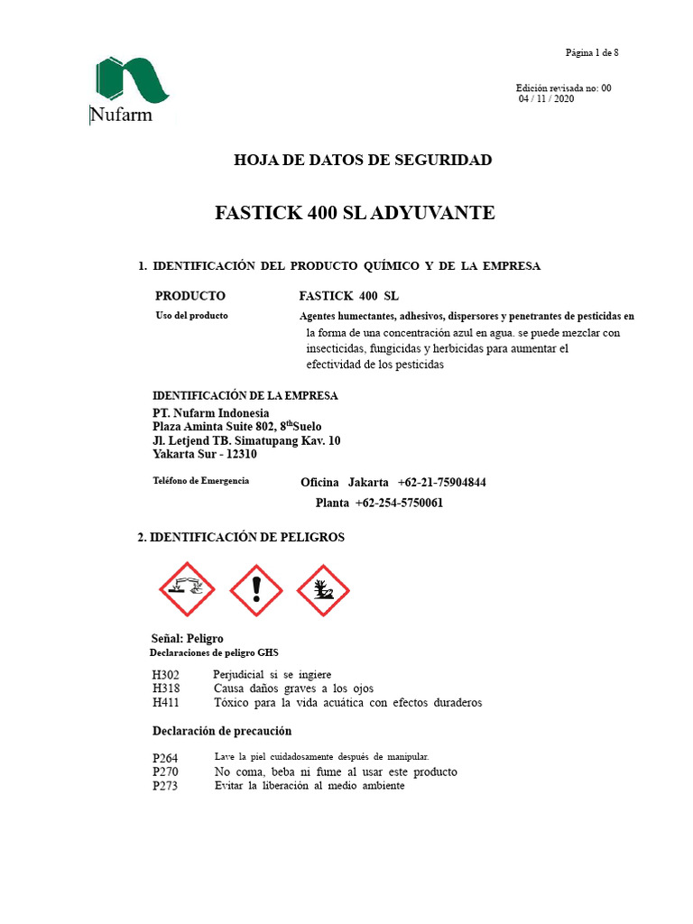 Hoja de Datos de Seguridad Fastick 400 SL | PDF | Pesticida | Tensioactivo