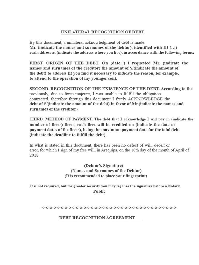 Unilateral and Bilateral Debt Acknowledgment | PDF | Debt | Debtor