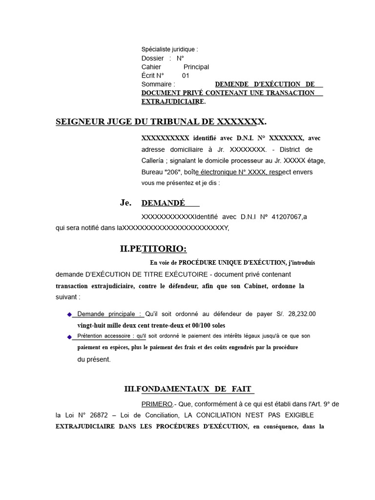 Demande d'exécution d'une transaction extrajudiciaire | PDF | Dettes ...