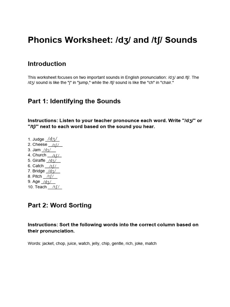 Phonics Worksheet - DƷ - and - TƩ - Sounds | PDF
