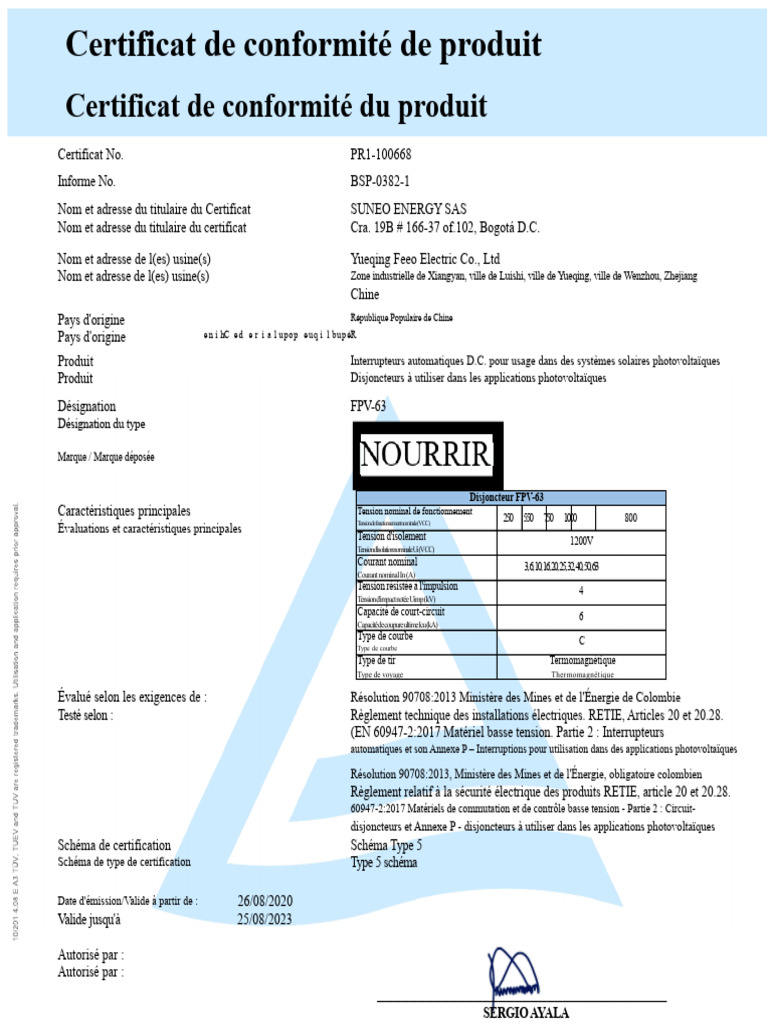 Certificat de conformité disjoncteurs FPV-63 | PDF | Énergie solaire ...