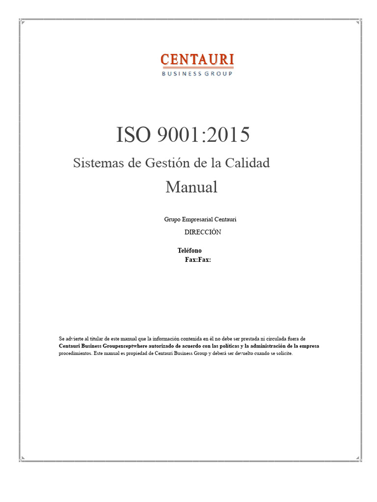 Manual de Calidad ISO 9001:2015 Centauri | PDF | Sistema de manejo de ...