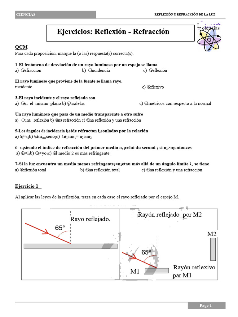 Reflexión y Refracción de la Luz: Ejercicios | PDF | Reflexión (Física ...