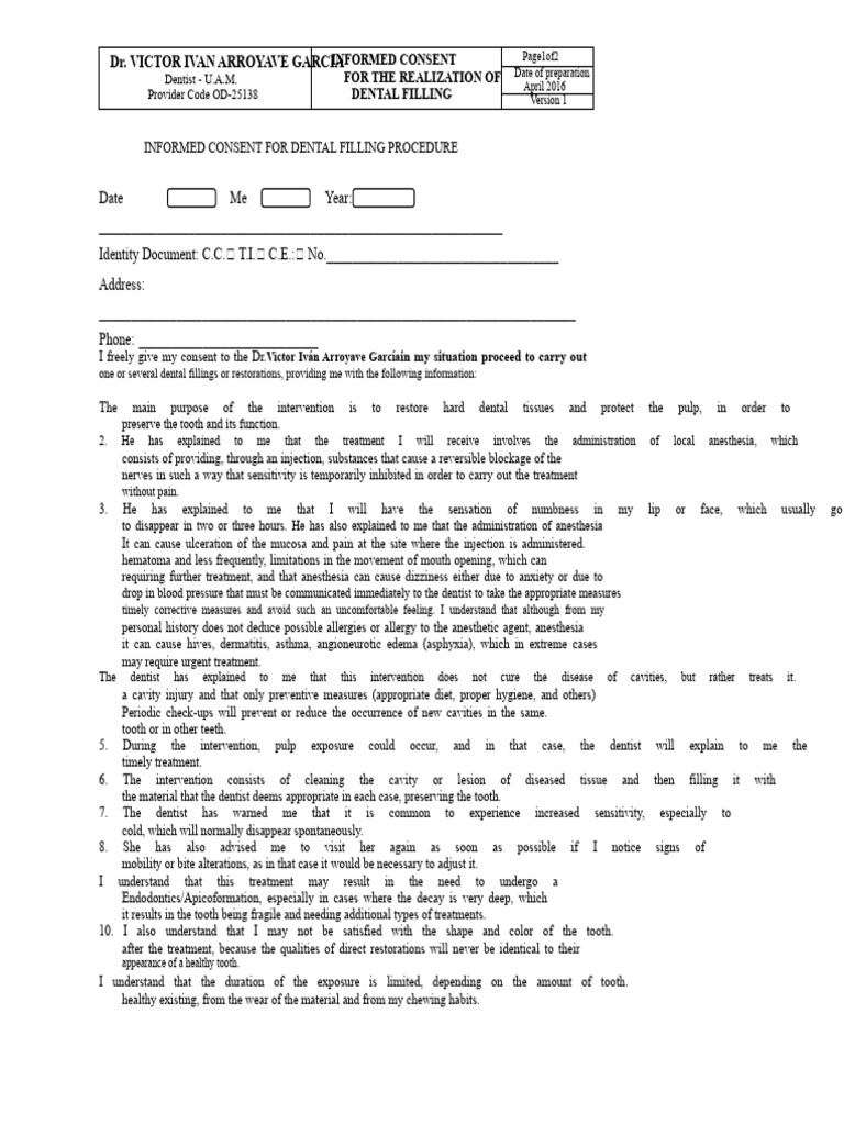 Dental Filling Informed Consent Form | PDF | Dentist | Anesthesia