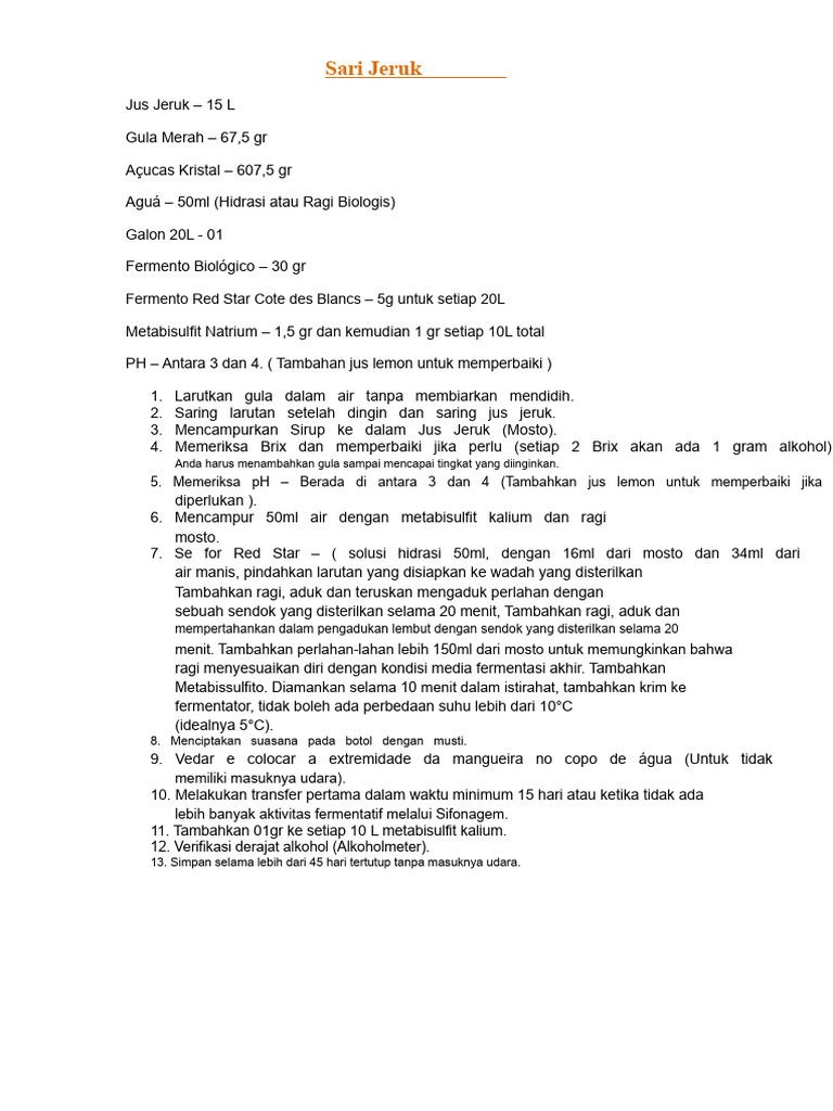 Resep Fermentasi Sari Jeruk dan Ragi | PDF