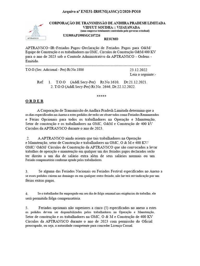 Feriados Remunerados APTRANSCO 2023 | PDF