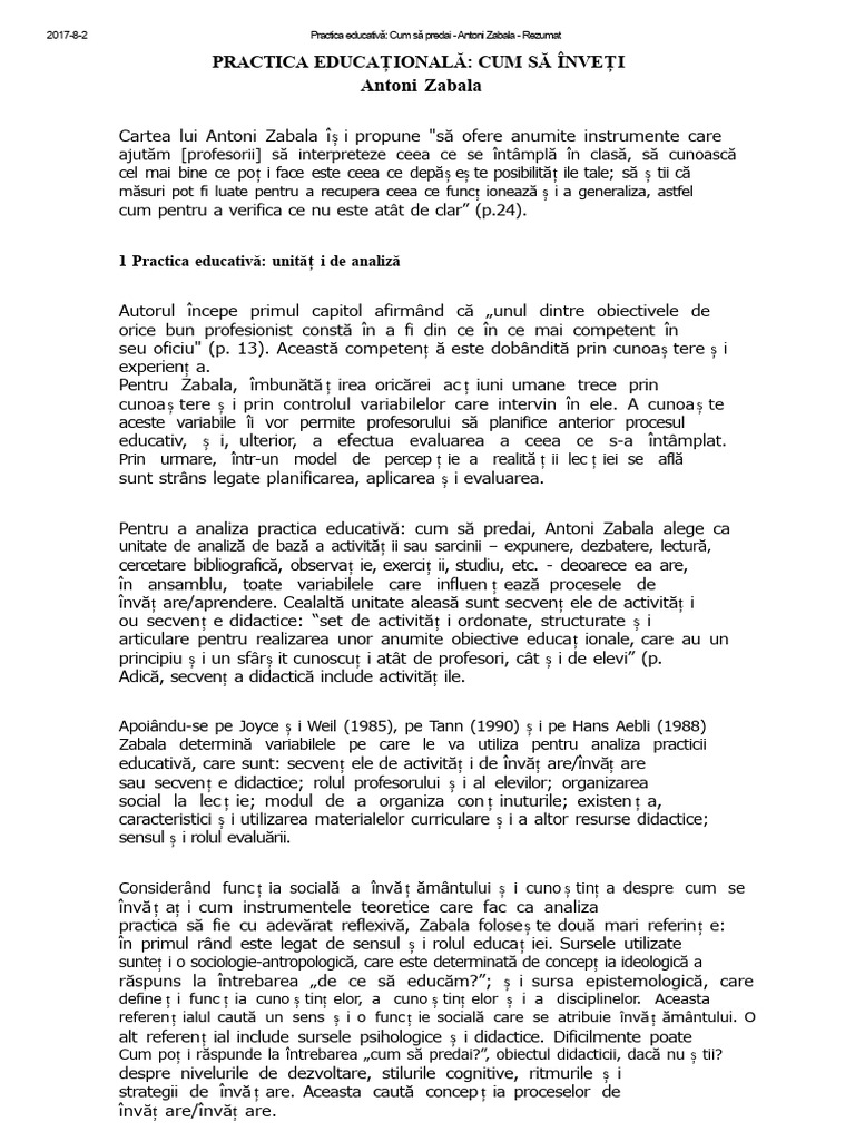 Practica Educațională: Cum Să Predai - Antoni Zabala - Rezumat | PDF