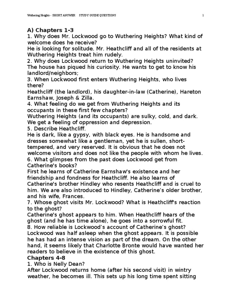 Short Answer Study Guide Heathcliff (Wuthering Heights) Wuthering
