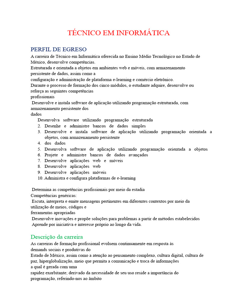 Perfil do Técnico em Informática | PDF | Programas | Bancos de dados