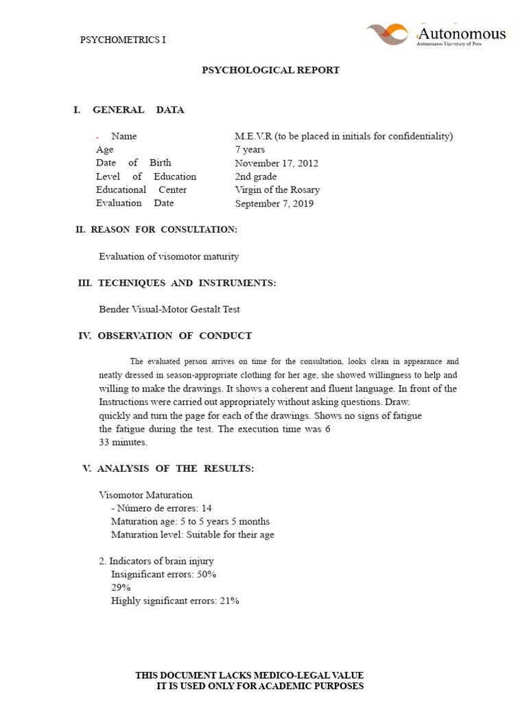 7-Year-Old Visomotor Evaluation Report | PDF | Psychometrics ...