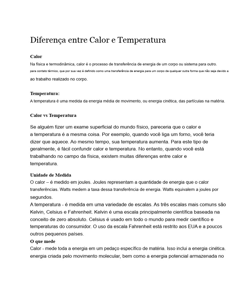 Calor e Temperatura: Diferenças Essenciais | PDF | Temperatura | Calor