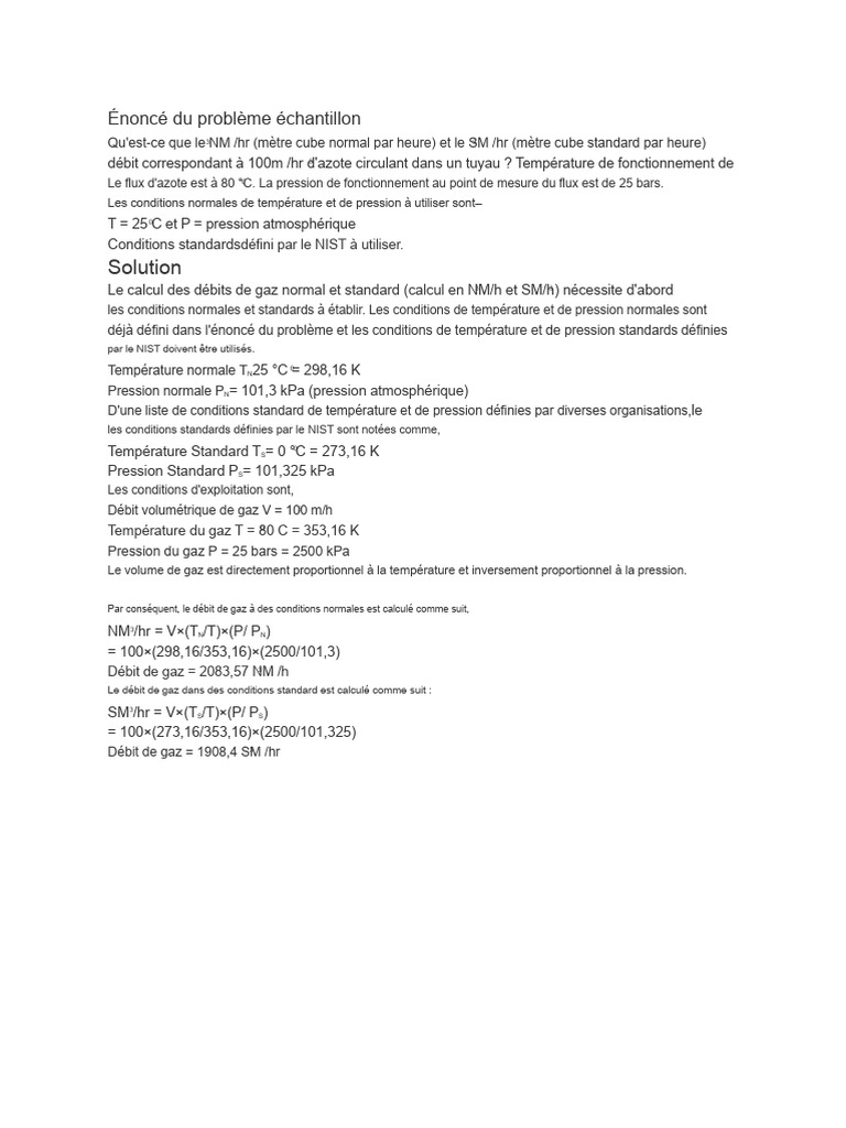 Calcul Du Débit de Gaz en NM3/h Et SM3/h PDF Pression Température — free download