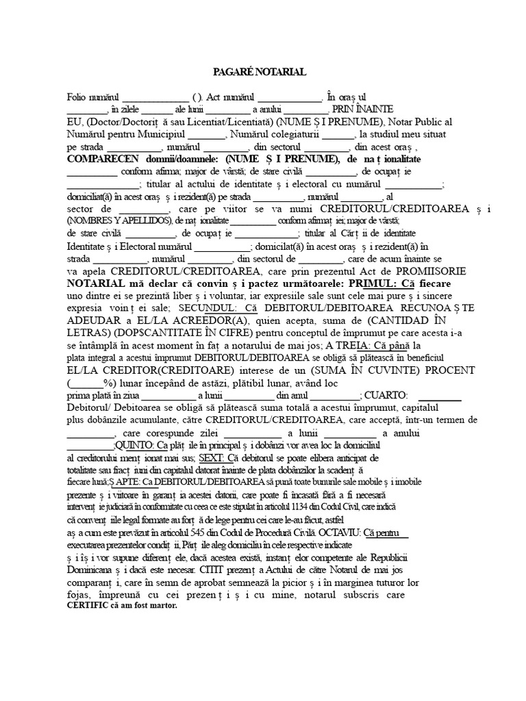 Formular Model de Pagare Notarială | PDF