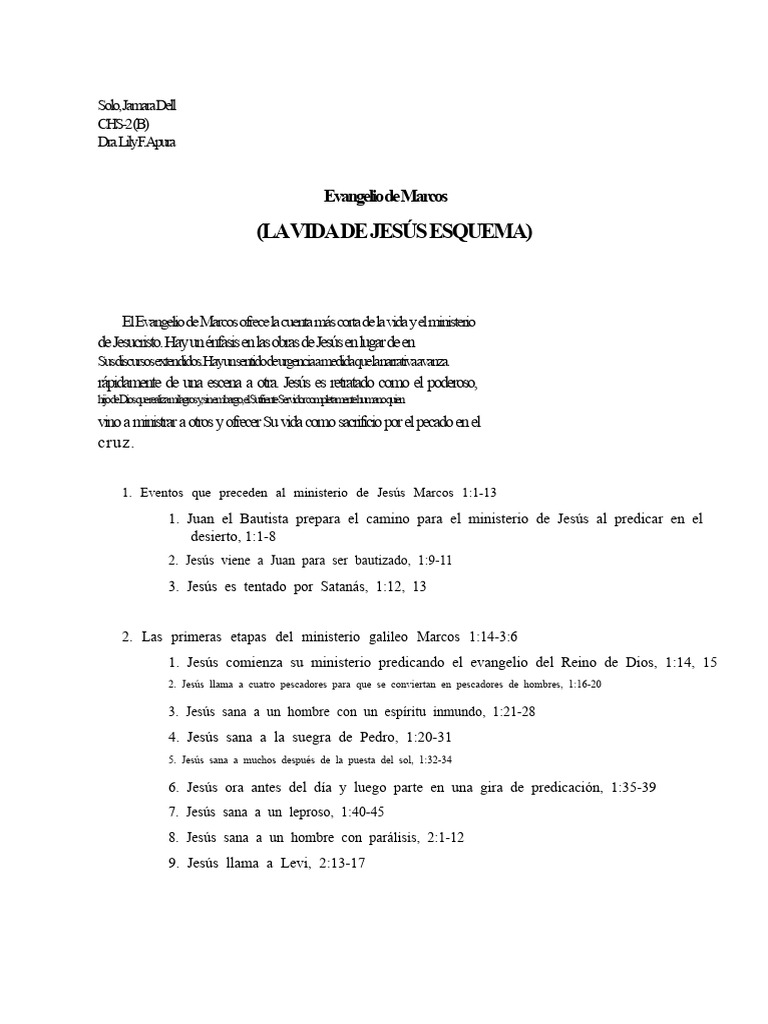 Evangelio de Marcos ESQUEMA DE LA VIDA DE JESÚS PDF | PDF | Jesús ...