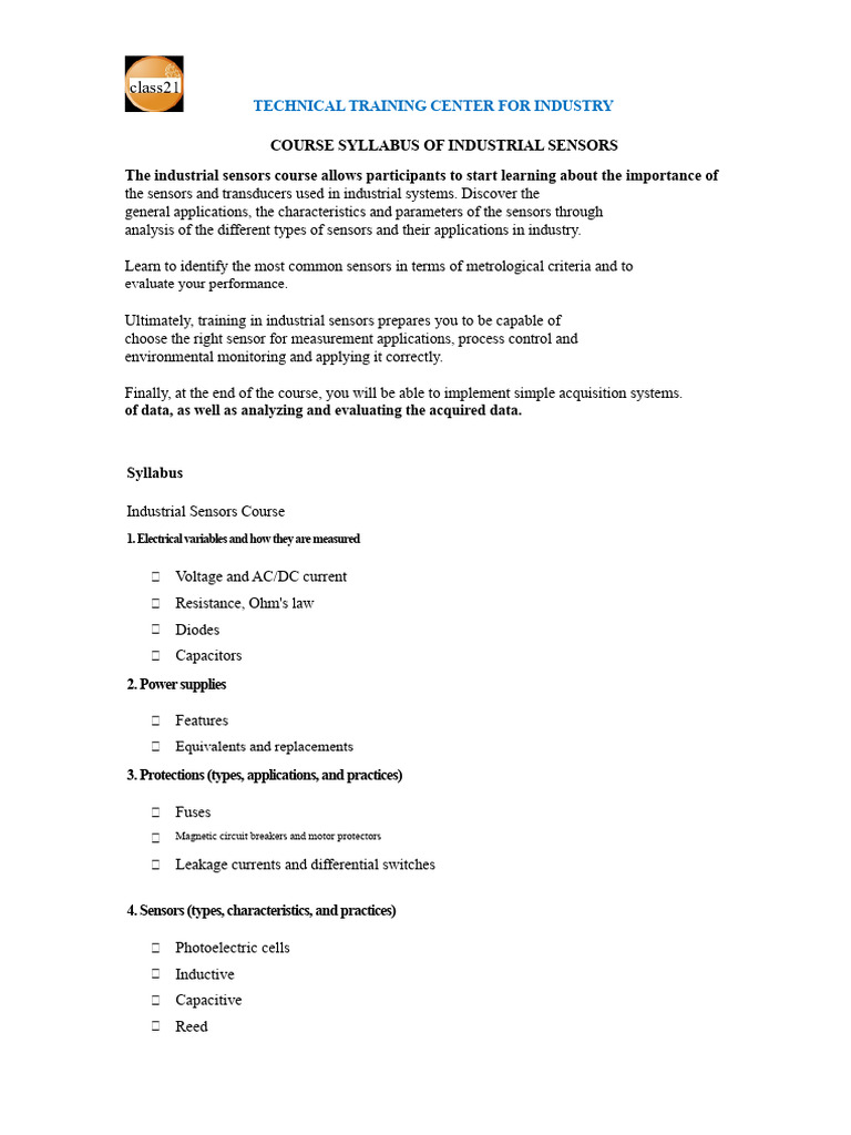 Industrial Sensors Course Syllabus | PDF | Sensor | Power Supply