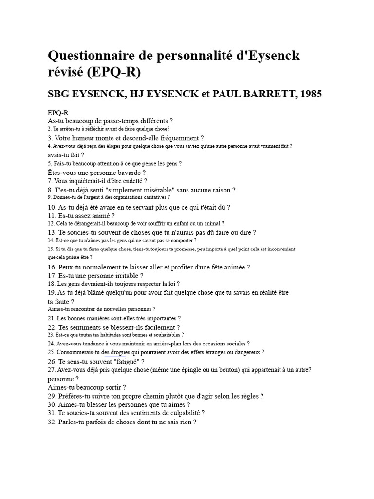 Questionnaire de personnalité EPQ-R | PDF | Introversion et ...