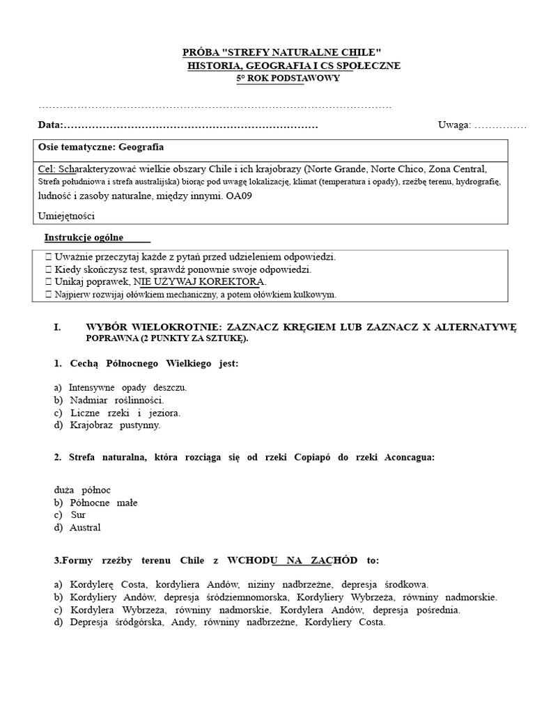 Test NR 1 Naturalne Obszary Chile | PDF