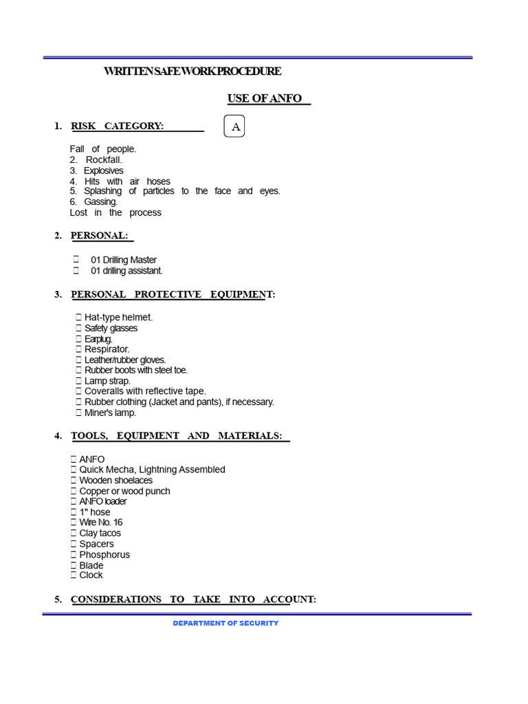 Safe Work Procedure for ANFO Use | PDF | Gunpowder | Personal ...
