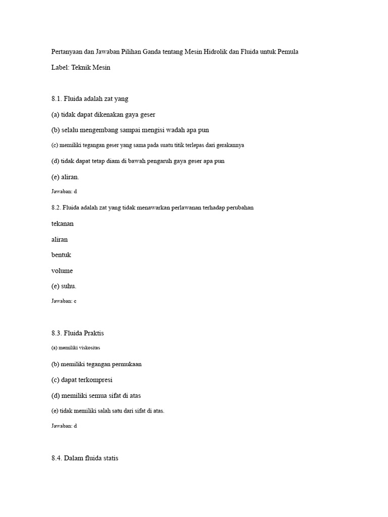 Mesin Hidrolik Dan Fluida Pilihan Ganda Pdf