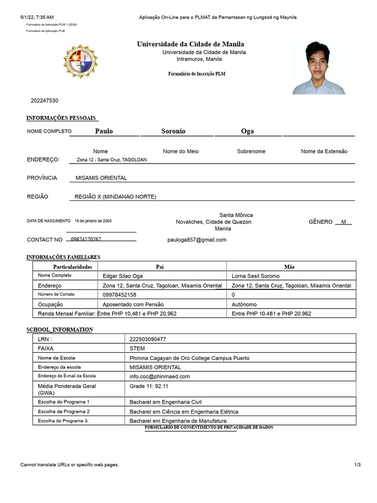 Aplicação On Line para PLMAT Do Pamantasan NG Lungsod NG Maynila | PDF ...