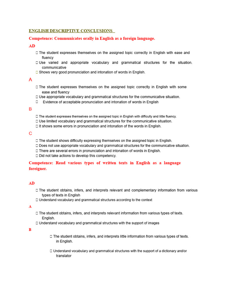 Descriptive Conclusions in English Skills | PDF | English Language ...