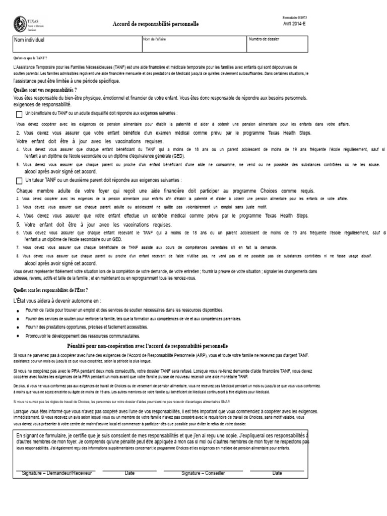 Responsabilités TANF et Accord ARP | PDF