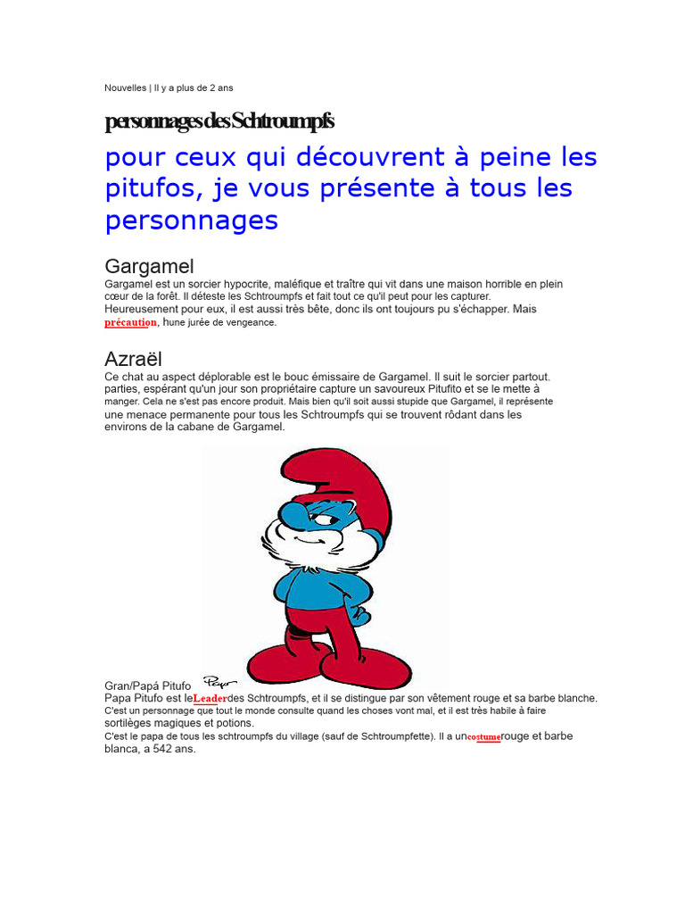 Personnages des Schtroumpfs expliqués | PDF