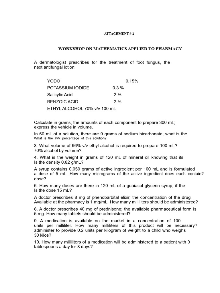 Pharmacy Math Workshop Exercises | PDF | Dose (Biochemistry) | Chemistry