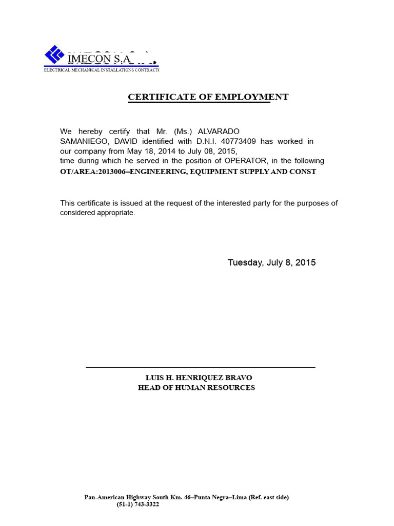 Work Certificate (Imecon) | PDF