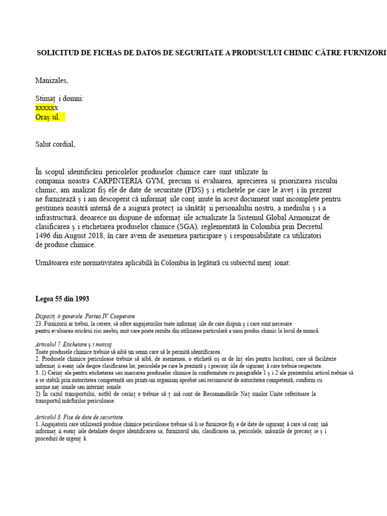 Format Cerere FDS Către Furnizorii de Produse Chimice. | PDF