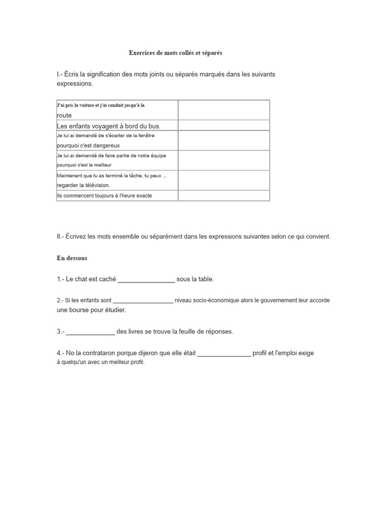Exercices sur les mots collés et séparés | PDF