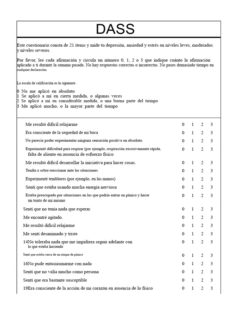 Cuestionario DASS 21 | PDF | Ansiedad | Depresión (estado de ánimo)