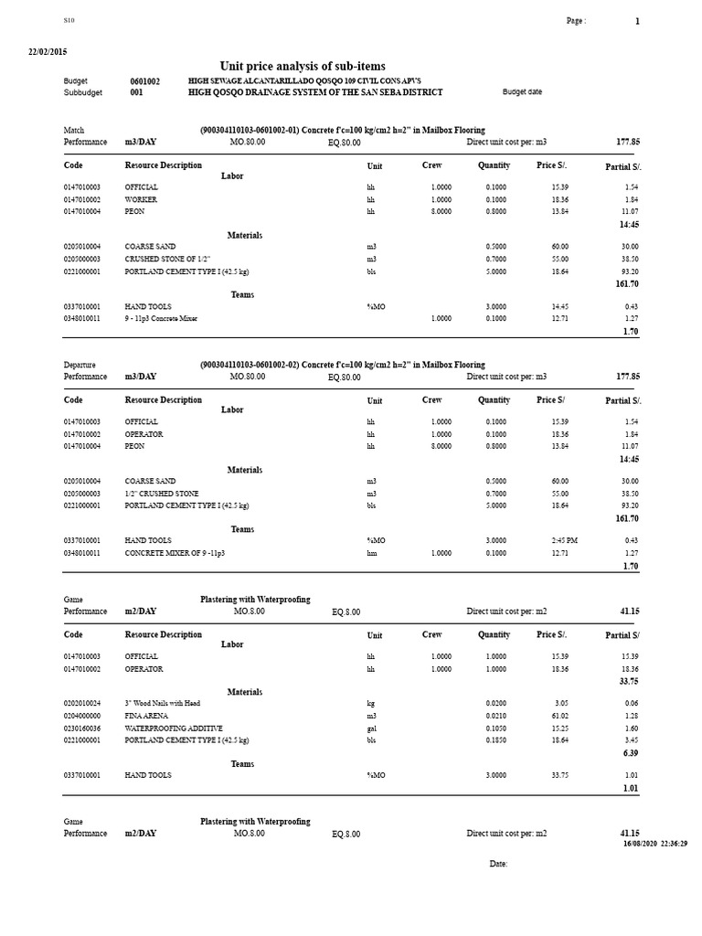 Unit Price Analysis for Sewerage Project | PDF | Concrete | Cement