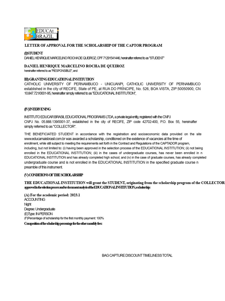 Scholarship Approval Letter for CAPTOR Program | PDF | Fee | Tuition ...