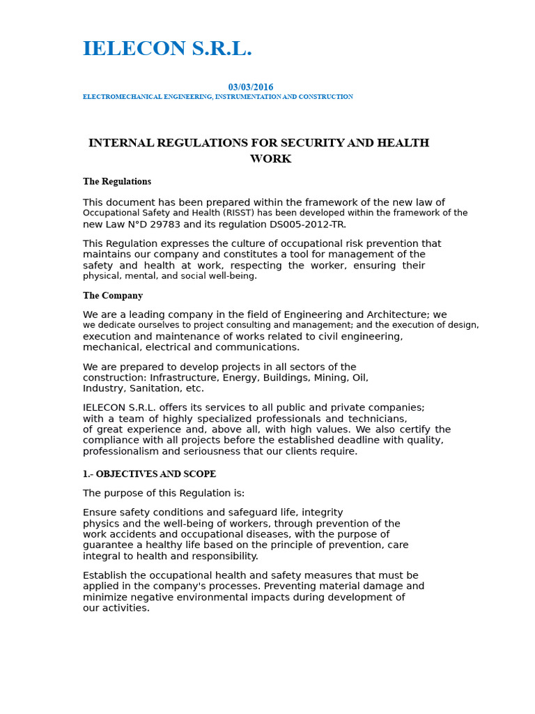 Internal Regulations On Safety and Health at Work Ielecons | PDF ...