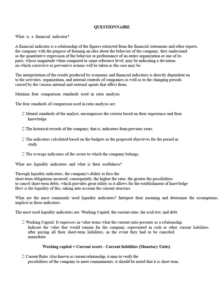 QUESTIONNAIRE and Financial Indicators Formulas | PDF | Income ...