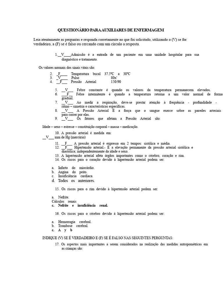 Questionário para Auxiliares de Enfermagem | PDF | Gravidez | HIV/AIDS