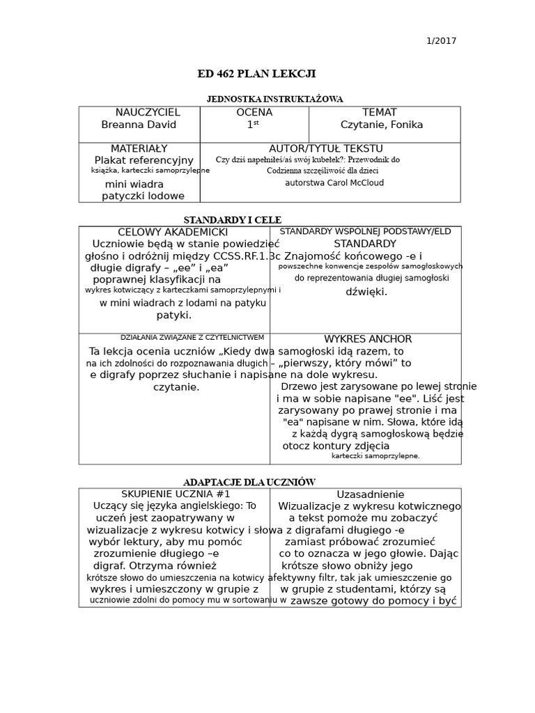Plan Lekcji Educ 462 Ee I Ea | PDF