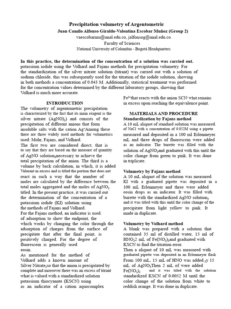 Argentometric Precipitation Volumetry | PDF | Titration | Chemistry