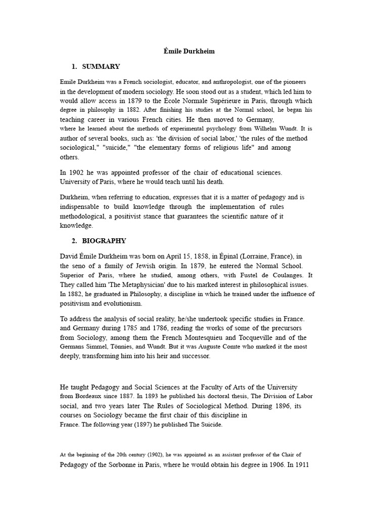 Notes On Emile Durkheim | PDF | Émile Durkheim | Sociology