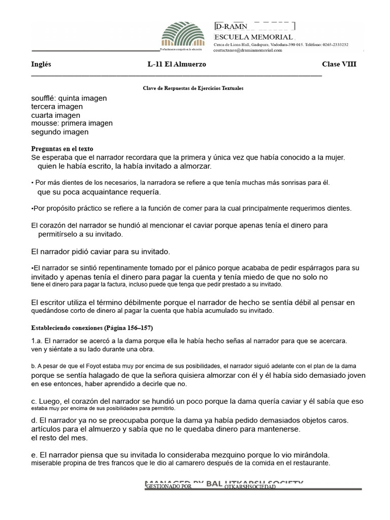 Inglés L-11 El Almuerzo Clase VIII | PDF | Almuerzo