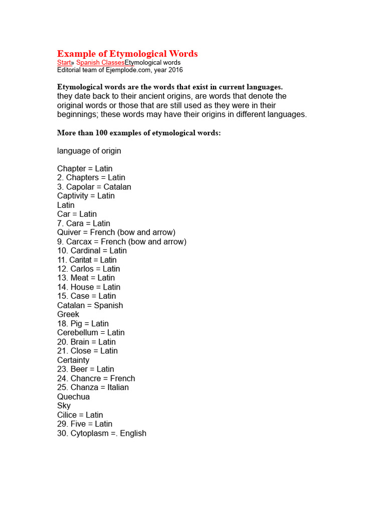 Etymological Word Examples List | PDF | Linguistics | Languages Of Europe