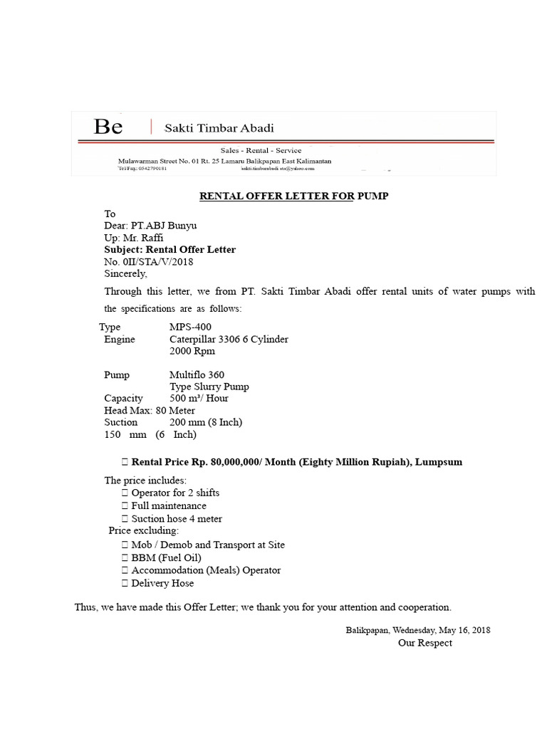 Water Pump Rental Offer Letter | PDF