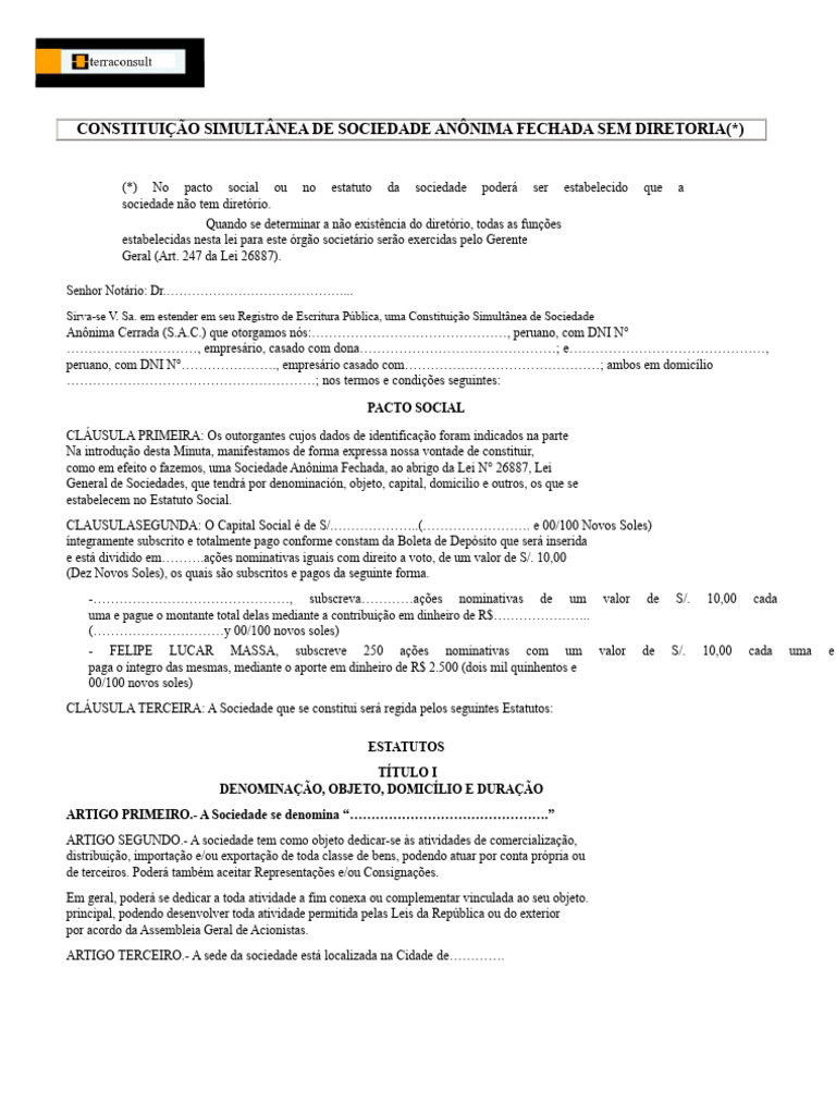Constituição de Sociedade Anônima Fechada | PDF | Business
