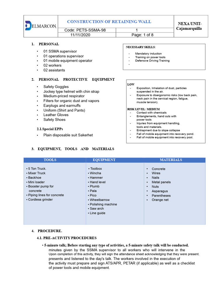 Retaining Wall Construction Safety Guide | PDF | Water | Concrete